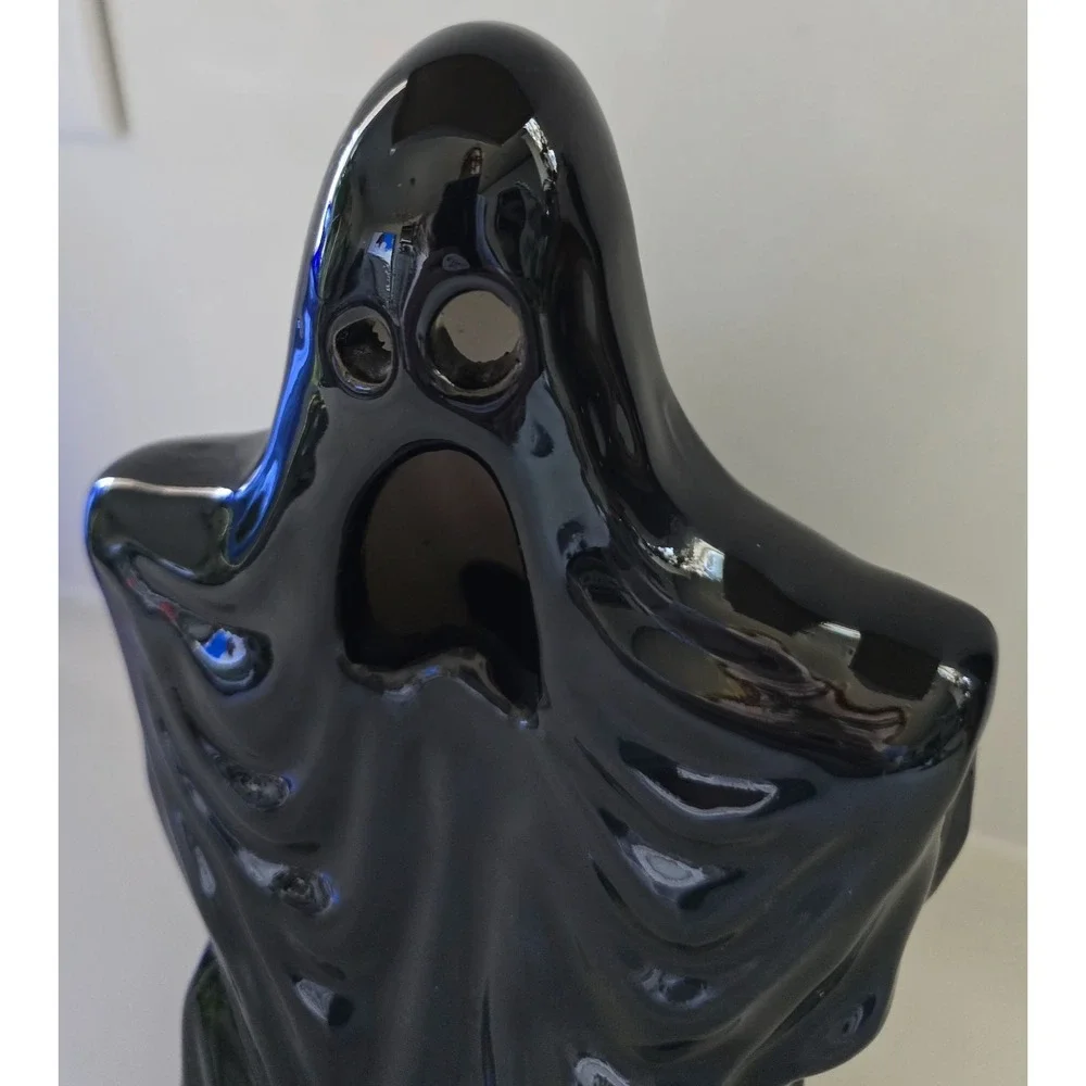 Halloween Ceramic Ghost Tea Light Holder‎ Black 9.25 In Heavy
